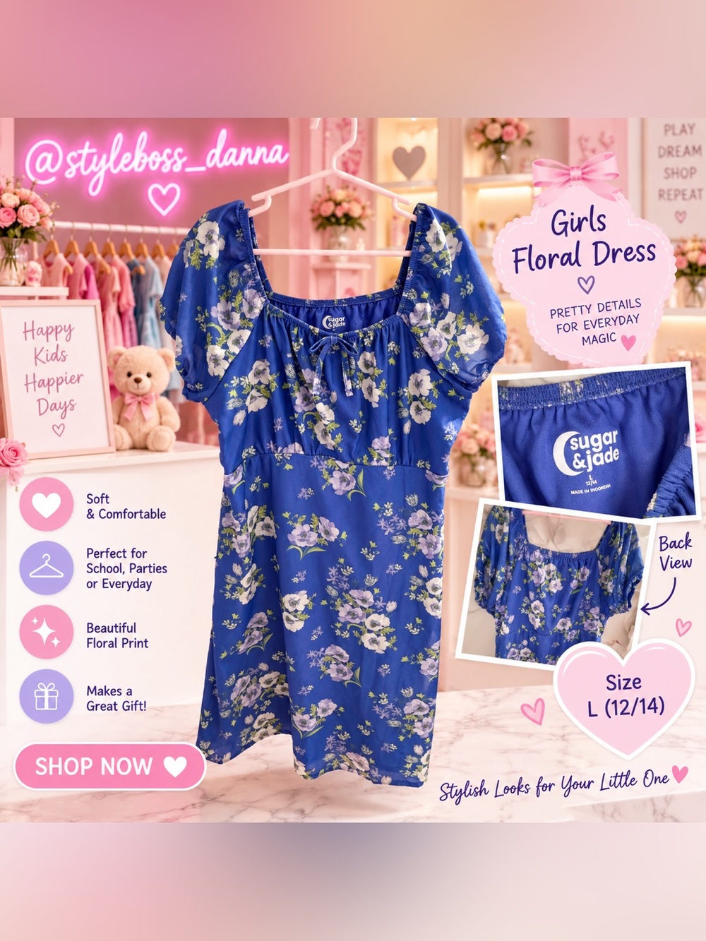 Sugar & Jade Girls' Royal Blue Floral Puff-Sleeve Dress